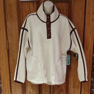 Beautiful Cream Fleece Pullover with Brown Accents & Snap Neck NWT 18W